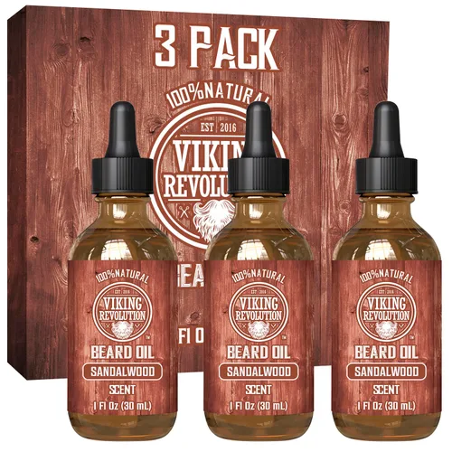 Viking Revolution Aceite de barba de sándalo para hombres, aceite natural para barba con aceite de argán y aceite de jojoba, suavizante de barba,