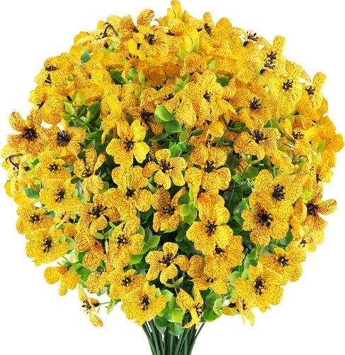 GREENRAIN 6 paquetes de flores artificiales resistentes a los rayos UV, plantas falsas para exteriores, flores de plástico sintético para jardín,