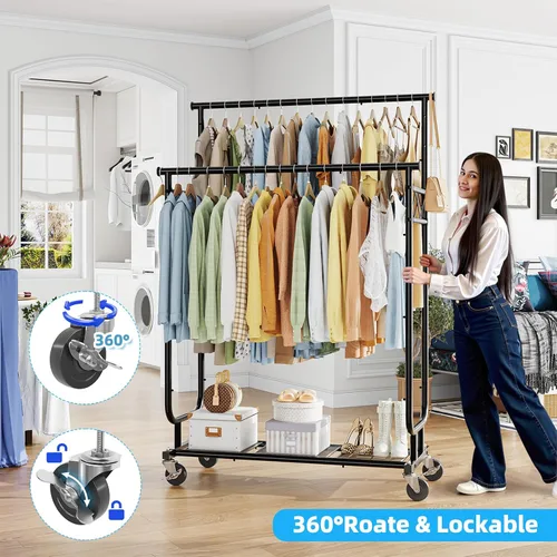 Miniatura 6 de Estante para ropa Ekisemio con capacidad de carga de 450LBS, estante resistente para ropa con ruedas, estantes enrollables para colgar ropa