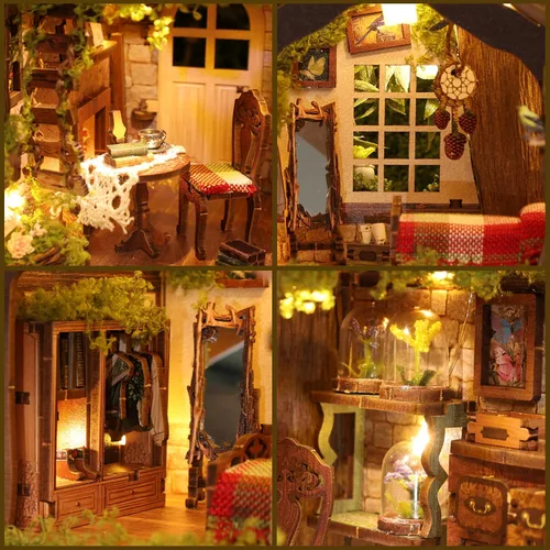 Miniatura 3 de Kits de rincón de libros para adultos, casa de muñecas en miniatura 3D con LED, la casa del árbol secreto de madera, estantería de madera, regalos