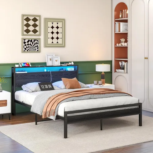 Miniatura 3 de BOFENG Base de cama Queen con cabecera de almacenamiento, marco de cama de plataforma de metal tamaño Queen con luces LED, estación de carga,
