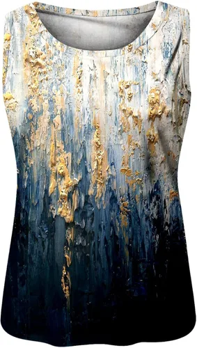 Miniatura 4 de Camisetas para mujer cuello redondo sin mangas estampadas casuales de ajuste holgado básicas blusa de playa con encaje negro