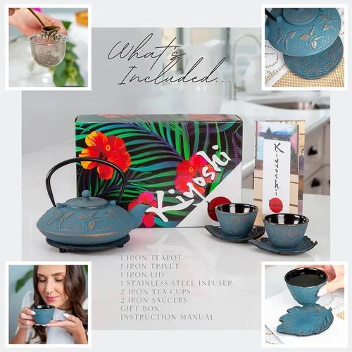 Miniatura 7 de Juego de té japonés de 7 piezas, tetera de hierro fundido "Blue Butterfly" con 2 tazas de té, 2 platillos, infusor de té y salvamanteles