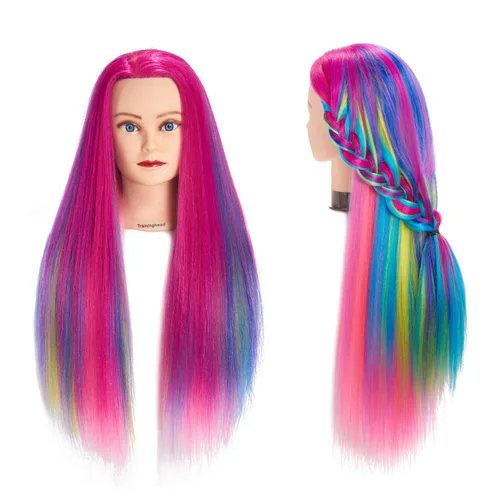 Cabeza de Entrenamiento 26"-28" Cabeza de Maniquí para Peinado Maniquí de Cosmetología Cabeza de Muñeca Cabello de Fibra Sintética Modelo de Multi
