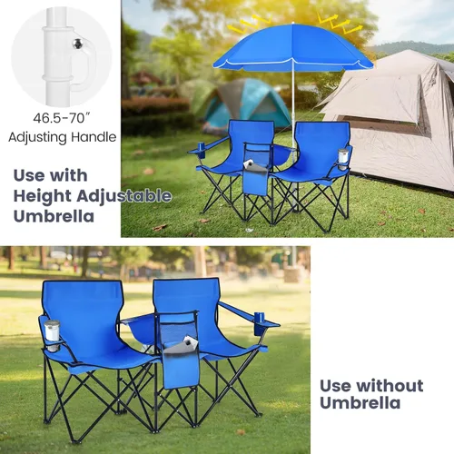 Miniatura 5 de Tangkula Sillas de campamento dobles con paraguas, silla de campamento plegable portátil de 2 asientos con bolsa enfriadora, soporte para bebidas