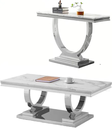 Miniatura 12 de Juego de 2 mesas de café de mármol, juego de mesa de sala de estar de 2 piezas que incluye 1 mesa auxiliar y 1 mesa auxiliar, moderna mesa auxiliar