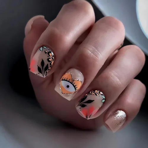 Uñas postizas a presión degradadas con purpurina de longitud corta, uñas postizas en forma de ataúd con diseño de hojas de corazón, 24 uñas postizas