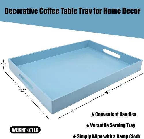 Miniatura 2 de Bandeja azul para mesa de café, bandeja decorativa rectangular de plástico con asas para entretenimiento, patio al aire libre, sala de estar