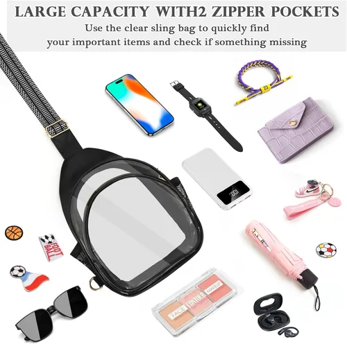 Miniatura 2 de Bolso bandolera transparente para eventos en estadios, bolsa cruzada transparente empalme de cuero para mujeres y hombres con dos bolsillos y dos