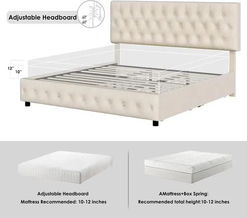 Miniatura 9 de Keyluv - Marco de cama tapizado moderno con 4 cajones de almacenamiento, diseño de cabecera con botones, soporte de listones de madera maciza, fácil