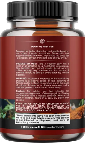 Miniatura 8 de Suplemento de hierro de liberación lenta para mujeres y hombres, apoya la salud, soporte sanguíneo, bisglicinato de hierro con vitamina C, energía