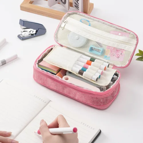 Miniatura 5 de Estuche de lápices de gran capacidad color rosa, lindo estuche de lápices con cremallera para niñas y mujeres, bolsa de lápices expandible