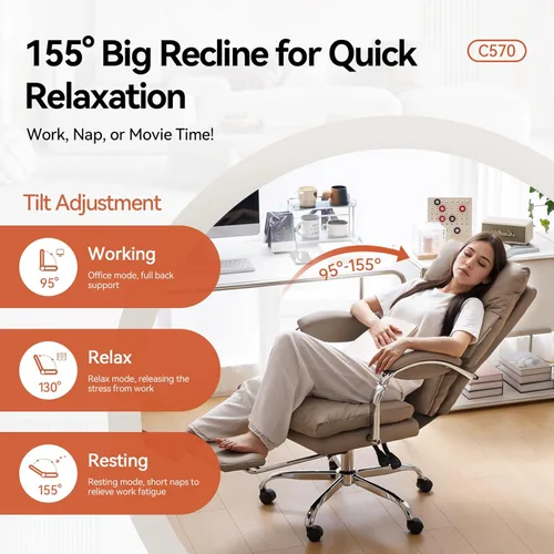 Miniatura 3 de LEAGOO Silla de oficina reclinable con reposapiés, sillas de oficina ejecutivas con brazos, ergonómicas de cuero sintético con respaldo alto, Caqui