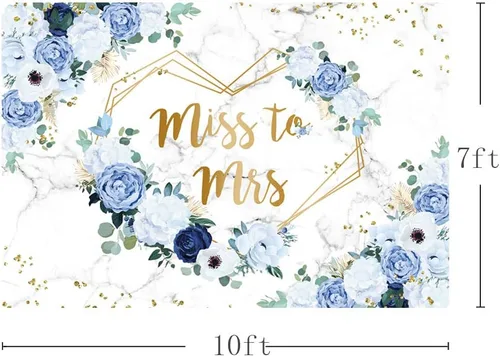 Miniatura 3 de AIBIIN Telón de fondo floral de Miss to Mrs de 5 x 3 pies para despedida de soltera, flores azules y blancas, fondo de fotografía, corazones