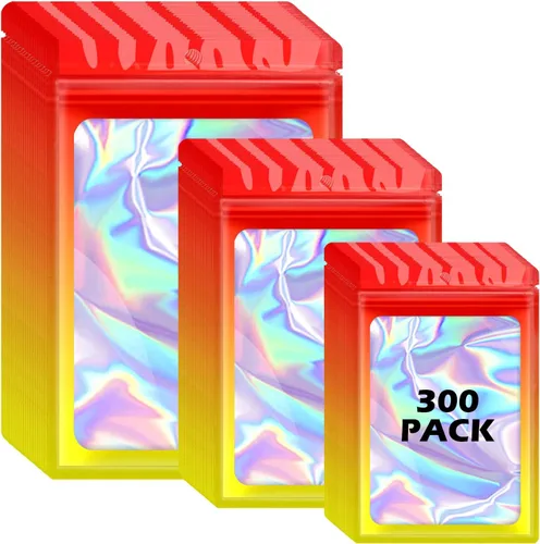 Miniatura 11 de 300 bolsas holográficas de mylar, 3 tamaños, bolsas a prueba de olores con ventana transparente, bolsas de papel de aluminio resellables