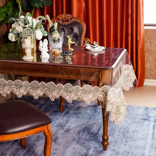 Miniatura 7 de SUTAVIA Mantel redondo de encaje de vinilo transparente, 100% a prueba de aceite, impermeable, a prueba de derrames, protector de mesa de PVC Champán