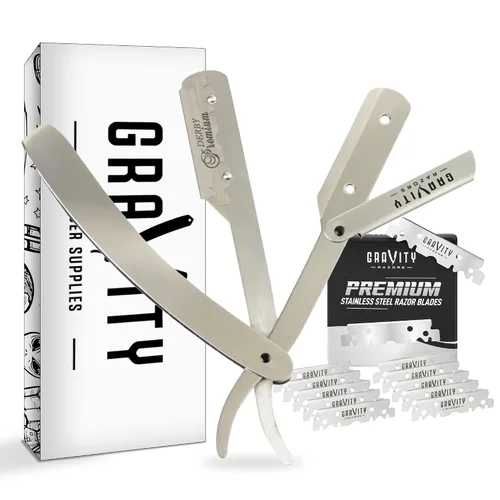 Miniatura 21 de Kit de cuchilla de afeitar recta profesional GRAVITY RAZORS – Ultra Exposición, incluye 10 cuchillas premium, 2mm expuestas, color oro y negro Dorado