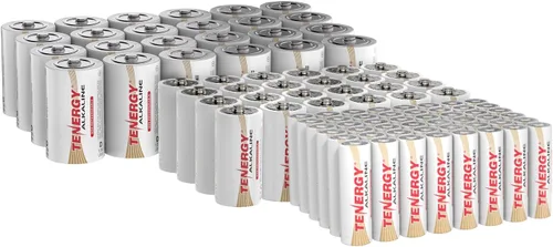 Tenergy Paquete de 96 baterías alcalinas de 1.5 V, 24 pilas D, 24 pilas C, 48 pilas AA no recargables, para relojes, controles remotos, juguetes y