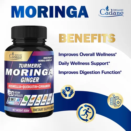 Miniatura 3 de Organic Cadane Suplemento de hoja de moringa, cúrcuma, jengibre, suministro de 2 meses, 120 cápsulas veganas
