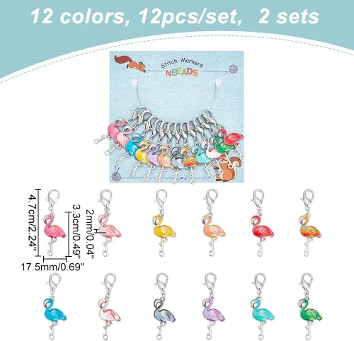 Miniatura 2 de NBEADS 24 marcadores de puntada de flamenco, aleación esmaltada de ganchillo, dijes extraíbles de pinza de langosta para tejer, tejer, coser y hacer