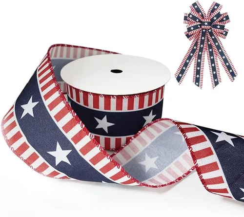 Miniatura 7 de Cintas patrióticas de bandera de Estados Unidos de 2.5 pulgadas x 10 yardas, cinta de arpillera con borde con alambre de estrellas y rayas