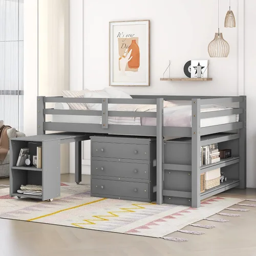 Miniatura 11 de Base de cama baja de madera con escritorio portátil rodante, cama alta individual con armario abierto y cajones, cama baja con estante para niños