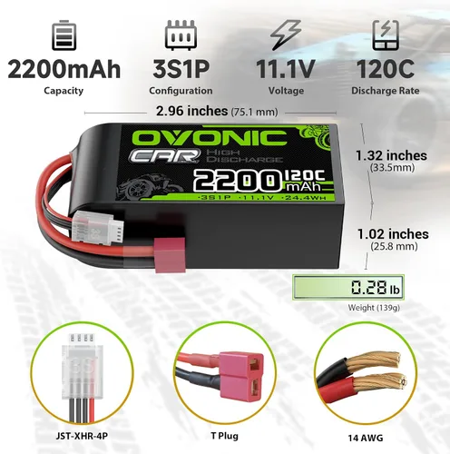 Miniatura 2 de OVONIC 3S - Batería LiPo corta de 11.1 V 2200 mAh 120C con enchufe en T estilo Dean para coche RC, camión RC, avión, helicóptero, barco, carreras