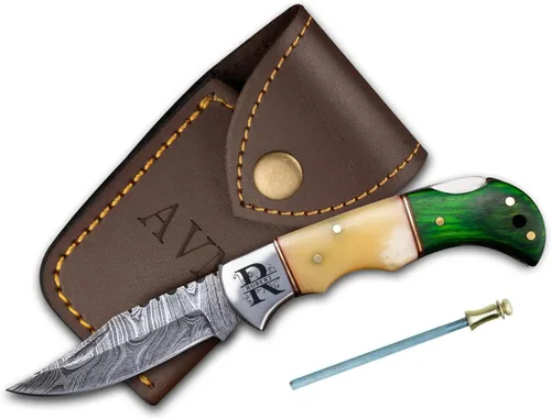 Miniatura 22 de Cuchillo de bolsillo de hueso de camello de acero damascus para hombres, regalos plegables de cuchillo de hoja para él, cuchillos hechos a mano