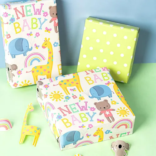 Miniatura 6 de WRAPAHOLIC - Papel de regalo reversible para baby shower de 30 pulgadas x 33 pies - Diseño de animales y nuevo bebé para baby shower neutral, New