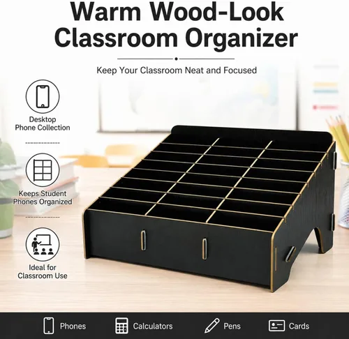 Miniatura 4 de XICHENGSHIDAI Soporte para teléfono celular con 24 ranuras para aula, caja de almacenamiento de teléfono con aspecto de madera y organizador de Negro