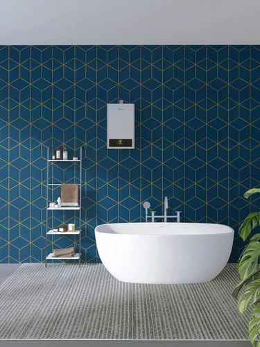 Miniatura 7 de Safiyya Papel tapiz geométrico azul y dorado, autoadhesivo, extraíble, impermeable, para paredes, rollo de vinilo de 118 x 17.3 pulgadas