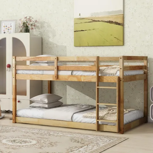 Miniatura 14 de Litera de tamaño individual sobre individual, litera de piso con escalera, barandillas de seguridad, literas de madera para camas individuales