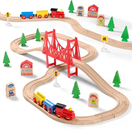 SainSmart Jr. Juego de Tren de Madera para Niños Pequeños - Vías de Madera de Doble Cara Compatible con Brio, Thomas, Melissa y Doug - Expandible,