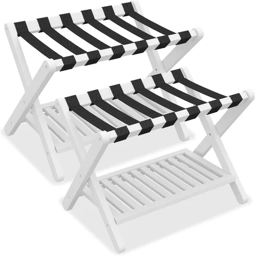 Miniatura 16 de Heybly Portaequipajes, soporte plegable para maleta con estante de almacenamiento, soporte de equipaje con 5 correas de nailon para habitación