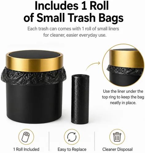Miniatura 6 de Mini bote de basura con tapa, pequeño cubo de basura de metal para escritorio con tapa oscilante, cubo de basura de encimera de 0.4 galones