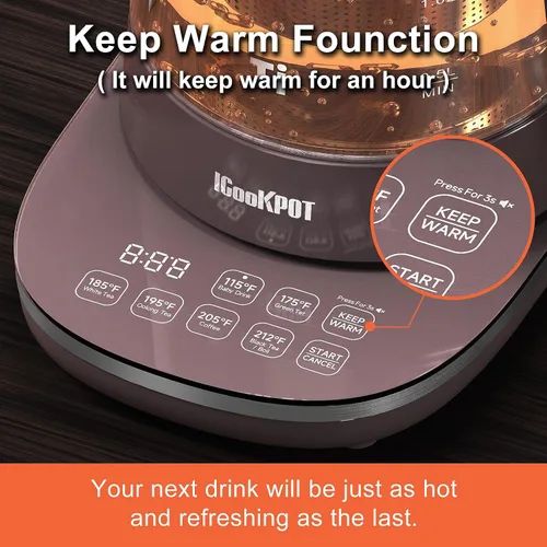 Miniatura 5 de Hervidor eléctrico de vidrio caliente de titanio de 1500 W con infusor y control de temperatura, hervidor de té de 1.5 L de ebullición rápida