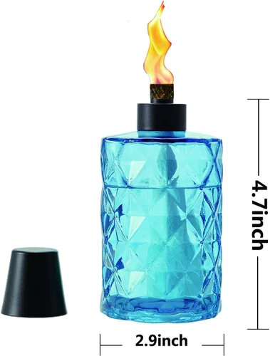 Miniatura 3 de Paquete de 4 linternas de mesa de cristal azul con mecha y tapa, linternas de citronela al aire libre, linterna de llama recargable, linterna