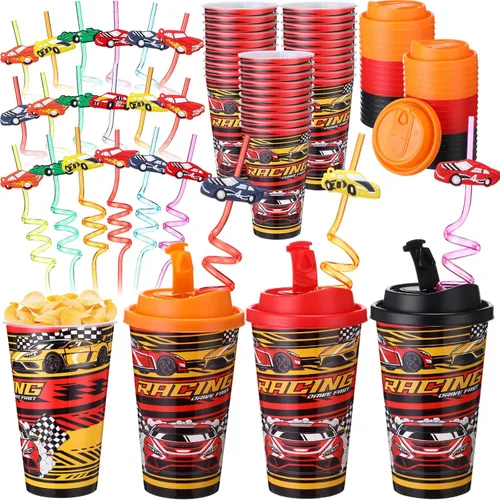 Miniatura 24 de Yungyan 16 juegos de tazas de golosinas con tapas y pajitas para decoraciones de cumpleaños, reutilizables, 16 onzas, vasos de plástico para dulces