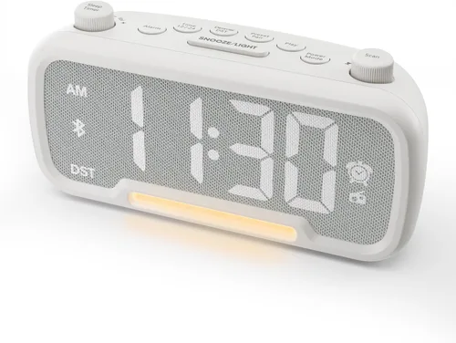 Mesqool Reloj despertador con altavoz Bluetooth, radio FM, reloj despertador para dormitorio con cargadores USB, atenuador y 12/24 horas, Blanco
