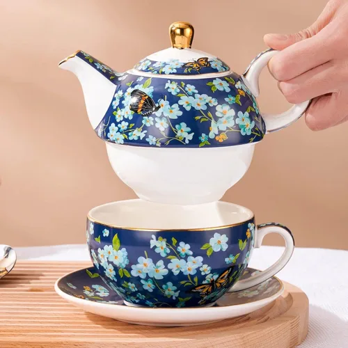 Miniatura 4 de Juego de té para uno, tetera y taza de porcelana, juego de té para una persona, tetera floral, juego de té de regalo para mujeres, mariposa azul