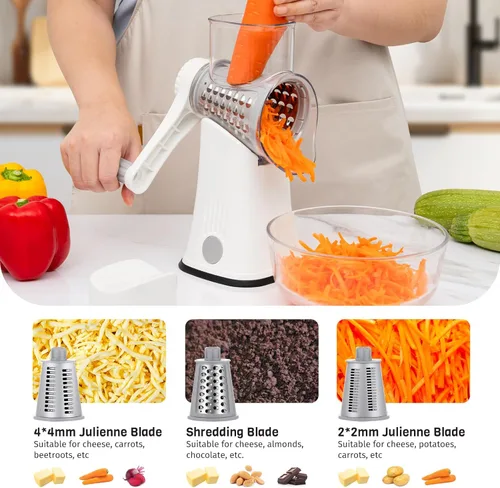 Miniatura 4 de Rallador de Queso Giratorio 5 en 1 con Manivela Manual, Rebanadora Trituradora de Verduras con 5 Cuchillas Intercambiables, Ralladores para Cocina