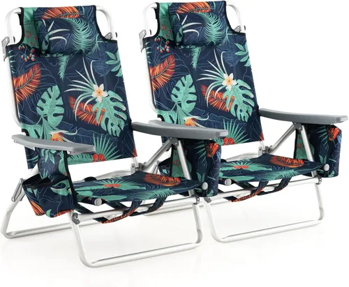 Miniatura 30 de Tangkula Juego de 2 Sillas de Playa con Mochila, Sillas de Playa Reclinables de 5 Posiciones que se Recuestan Completamente con Bolsa Refrigeradora