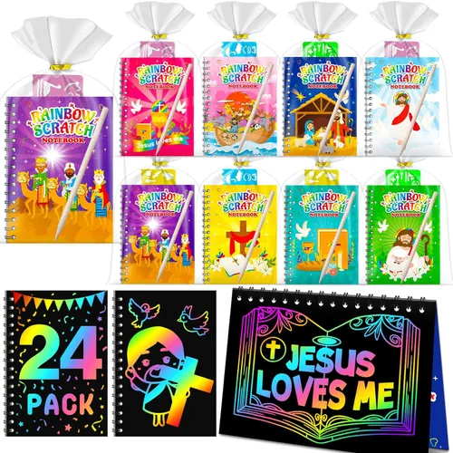 Miniatura 22 de Recuerdos de papel para rascar para fiestas para niños: paquete de 16 cuadernos de rayas arcoíris, bolsas de regalo, libros para colorear, recuerdos