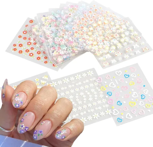 30 hojas de calcomanías de arte de uñas de flores autoadhesivas 3D de margaritas coloridas con corazón y mariposa, calcomanías de uñas para