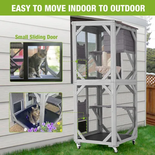 Miniatura 4 de Cat Catio - Recintos para gatos al aire libre, casa móvil para gatos con ruedas de ejercicio, jaula para gatos con caja de descanso mejorada, Gris