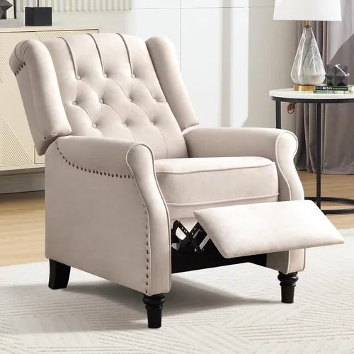 EBELLO Silla reclinable con respaldo de empuje, silla decorativa de tela, reclinable con decoración de remaches, respaldo con botones, sillón con