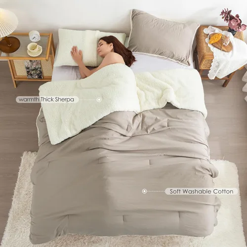 Miniatura 3 de COTTEBED Juego de Edredón Reversible Sherpa Queen - Juego de Edredón Ligero Pero Cálido y Suave para Cama de Tamaño Completo, Juego de Edredón Beige