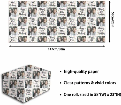 Miniatura 3 de M YESCUSTOM Personalized Birthday Wrapping Paper with Picture Age Custom 1st 18th 30th 40th 50th 60th Happy Birthday Gift Wrapping Paper Roll