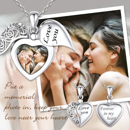 Miniatura 8 de SILVERCUTE Personalized & Engraved Locket Necklace with 18" Chain -Angel Wings Locket, Custom Heart Locket Pendant That Holds Picture, Sterling