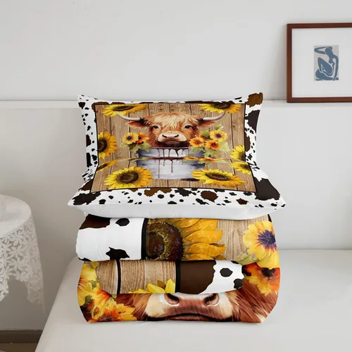 Miniatura 5 de Manfei Juego de edredón de ganado Highland tamaño Queen, edredón de plumón de girasol amarillo con 2 fundas de almohada, juego de ropa de cama